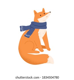 Funny fox wrapped in warm scarf vector flat illustration. Cute forest animal sitting. Amusing childish character with fluffy tail wearing winter seasonal accessory isolated on white