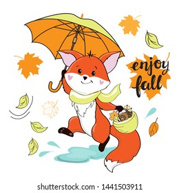 Funny fox with a yellow umbrella runs through the puddles on a white background and the inscription enjoy fall