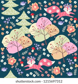 Funny foxes and birds in magic forest with trees, flowers and mushrooms. Vector seamless pattern. 