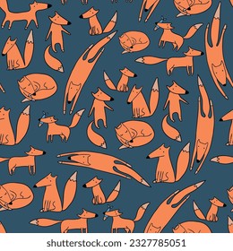 Los zorros divertidos en diferentes posa un patrón abstracto sin fisuras. Imágenes vectoriales de animales de presa salvajes sobre fondo verde oscuro. Iconos de color dibujados a mano