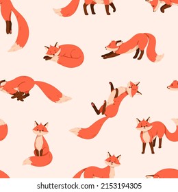 Funny foxes pattern. Seamless background with cute wild animal. Repeating foxy print on endless texture. Repeatable printable backdrop design. Colored flat vector illustration for textile, decoration