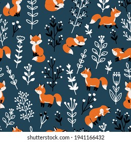 Funny foxes seamless pattern. Cartoon funny emotional animals and blooming branches, orange mammals with cute tails, vector illustration of wild characters of forest