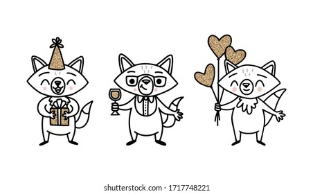 Funny foxes set. Cartoon characters for happy birthday greeting card. Cute animals with balloons, glass, cap and gold glitter texture