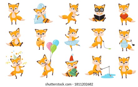 Funny foxes set. Cute cartoon animal in different poses and actions, red fox sleeping, cooking, walking, fishing, reading book, celebrating birthday. For mobile app design, character for kids concept