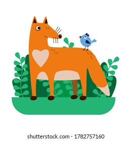 Funny foxwith a blue bird in a primitive style . 