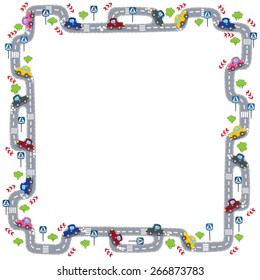 Funny frame or border of  roads, grass areas and cars. Children vector illustration.