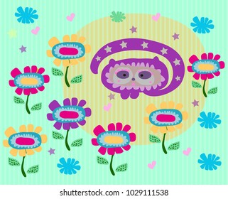 Funny frame with cat and flowers