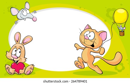 funny frame with cute animals - cat, bunny and mouse 