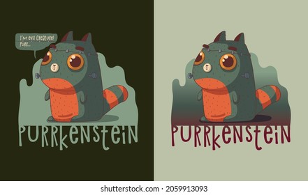 Funny Frankenstein cat vector illustration. Cute cartoon ginger cat in Halloween costume of Frankenstein monster against humorous title. Sticker worthy