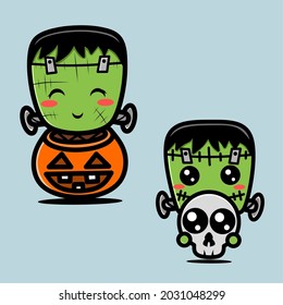 Funny Frankenstein Character. Kawaii Illustration