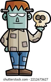 Funny frankenstein standing with skull on his hand