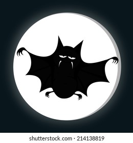 Funny freaky bat - a big black fat bat is smiling at you with a full moon (midnight silhouette)