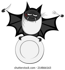 Funny freaky bat - a big black fat and hungry bat is smiling and licking mouth with a knife, a fork and a plate (in which your text can be placed)