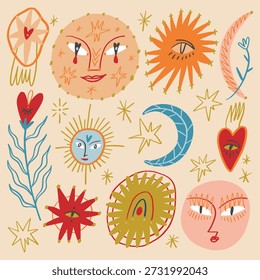 Funny freaky cool groovy whimsical cute stylish doodlish stellar Valentine characters. Hand-drawn set of crescent moon, sun, comets and sacred heart. Cartoon psychedelic collection of abstraction