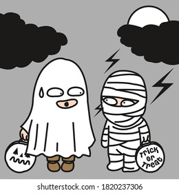 Funny And Freaky Couple Wearing Creepy Halloween Costumes Concept Card Character illustration