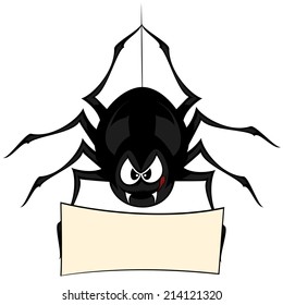 Funny freaky spider - a black cartoon-style spider is snarling and licking mouth with angry eyes while hanging on his spider thread and holding a board (your text can be placed there!)