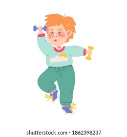 Funny Freckled Boy Athlete Doing Physical Exercise with Dumbbells Vector Illustration