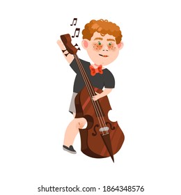 Funny Freckled Boy Character Playing Cello Vector Illustration