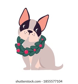 Funny French Bulldog Dog in Christmas Fir Wreath, Symbol of Xmas and New Year, Happy Winter Holidays Concept Cartoon Style Vector Illustration