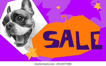 Funny French Bulldog dog surrounded by pumpkin-shaped SALE banner and colorful autumn leaves, perfect for promoting Black Friday shopping deals for Halloween. Shopping, sales. Vector illustration.