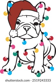 Funny french bulldog puppy sitting and looking forward round bulb Christmas light T shirt Design