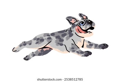 Engraçado buldogue francês corre, lambe. Filhote bonito mostra língua no salto. Cão feliz com jogos de focinho adorável. Brinquedo brincalhão, animal doméstico se diverte. Ilustração de vetor isolado plano sobre fundo branco