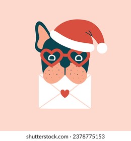 Funny french bulldog in santa's hat holds envelope in his teeth. Creative Christmas and New Year clip art. Creative dog character for winter holidays stickers, decorations, cards, banners.