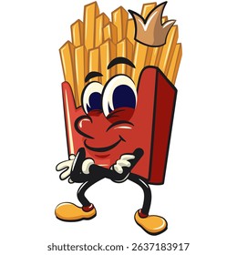 funny french fries cartoon mascot crowned like a king while folding his arms calmly, fast food vector character isolated on white, work of hand drawn