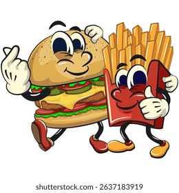 funny french fries cartoon mascot thumbs up with a berger who gives a sign of love, fast food vector character isolated on white, work of hand drawn