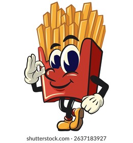 funny french fries cartoon mascot dancing while giving the okay sign, fast food vector character isolated on white, work of hand drawn
