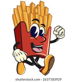 funny french fries cartoon mascot walking, fast food vector character isolated on white, work of hand drawn
