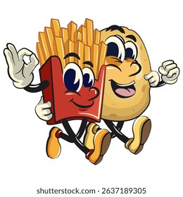 funny french fries cartoon mascot walk with raw potatoes character while giving a sign and giving an ok sign, fast food vector character isolated on white, work of hand drawn