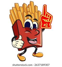 funny french fries cartoon mascot raise foam finger, fast food vector character isolated on white, work of hand drawn