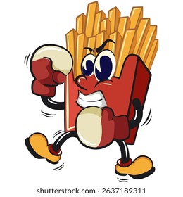 funny french fries cartoon mascot practicing boxing wearing boxing glove, fast food vector character isolated on white, work of hand drawn