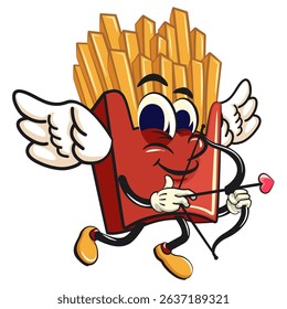 funny french fries cartoon mascot become a cupid with angel wings and the arrow of love, fast food vector character isolated on white, work of hand drawn