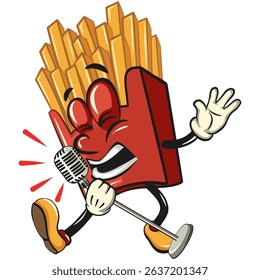funny french fries cartoon mascot singing with great emotion, fast food vector character isolated on white, work of hand drawn