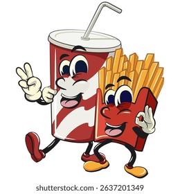 funny french fries cartoon mascot walk with soft drink paper cups character while giving a peace sign and giving a ok sign, fast food vector character isolated on white, work of hand drawn