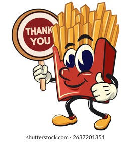 funny french fries cartoon mascot say thank you, fast food vector character isolated on white, work of hand drawn