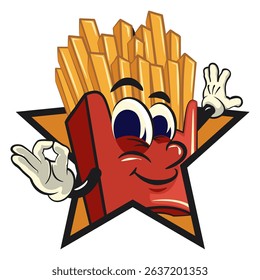 funny french fries cartoon mascot out from of a star by giving an OK sign, fast food vector character isolated on white, work of hand drawn