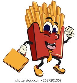 funny french fries cartoon mascot in a suitcase rushing to the office, fast food vector character isolated on white, work of hand drawn