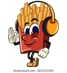 funny french fries cartoon mascot listening to headset while dancing listening to headset while dancing, fast food vector character isolated on white, work of hand drawn