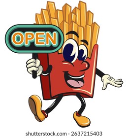 funny french fries cartoon mascot showing a sign that says open, fast food vector character isolated on white, work of hand drawn