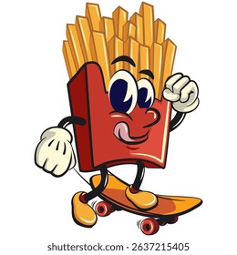 funny french fries cartoon mascot playing skateboard, fast food vector character isolated on white, work of hand drawn
