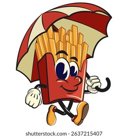 funny french fries cartoon mascot walking with an umbrella, fast food vector character isolated on white, work of hand drawn