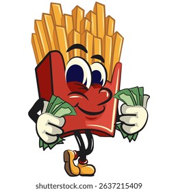 funny french fries cartoon mascot carrying money while whistling, fast food vector character isolated on white, work of hand drawn
