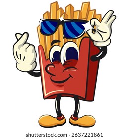 funny french fries cartoon mascot opening his sunglasses a little while giving a love sign, fast food vector character isolated on white, work of hand drawn