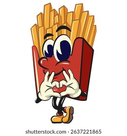 funny french fries cartoon mascot is giving a sign of love with finger, fast food vector character isolated on white, work of hand drawn