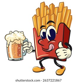 funny french fries cartoon mascot lift a big glass of beer, fast food vector character isolated on white, work of hand drawn