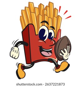 funny french fries cartoon mascot playing rugby and american footbal, fast food vector character isolated on white, work of hand drawn