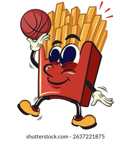 funny french fries cartoon mascot playing basketball, fast food vector character isolated on white, work of hand drawn